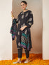 Janasya Women's Black Rayon Floral Gold Printed Straight Kurta Set